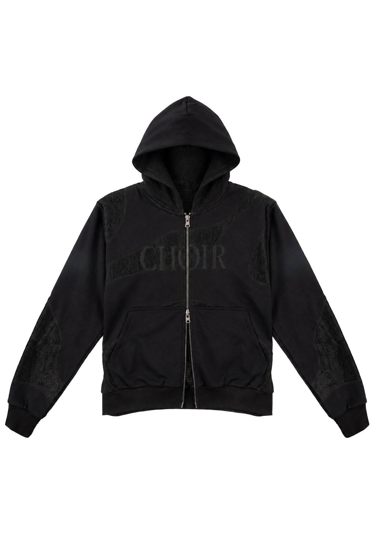 Textured Lace Hoodie 蕾絲拼接連帽外套-Black