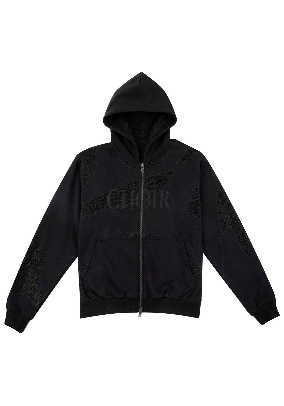 Textured Lace Hoodie 蕾絲拼接連帽外套-Black