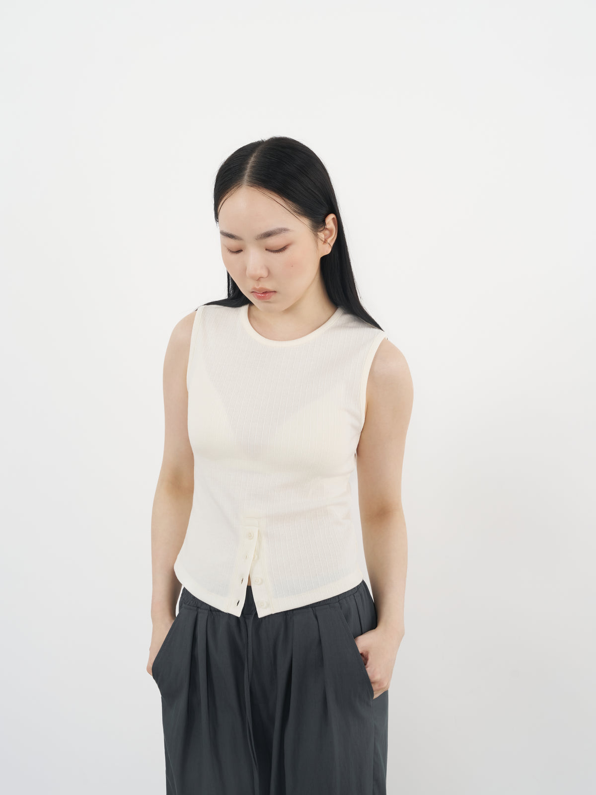 Rib Henley Tank 羅紋亨利背心-Beige