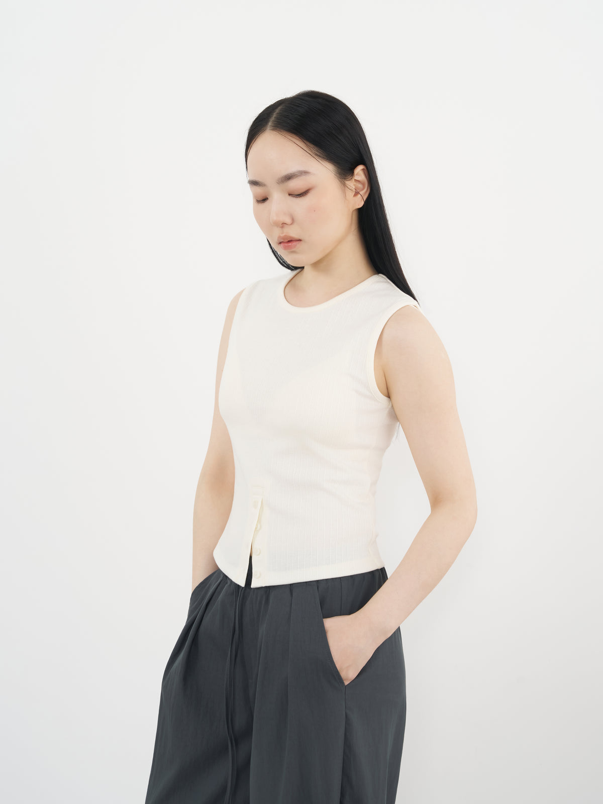 Rib Henley Tank 羅紋亨利背心-Beige