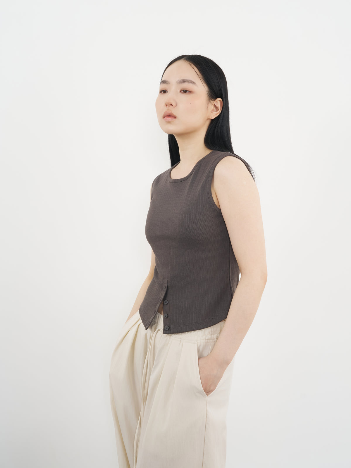 Rib Henley Tank 羅紋亨利背心-Gray