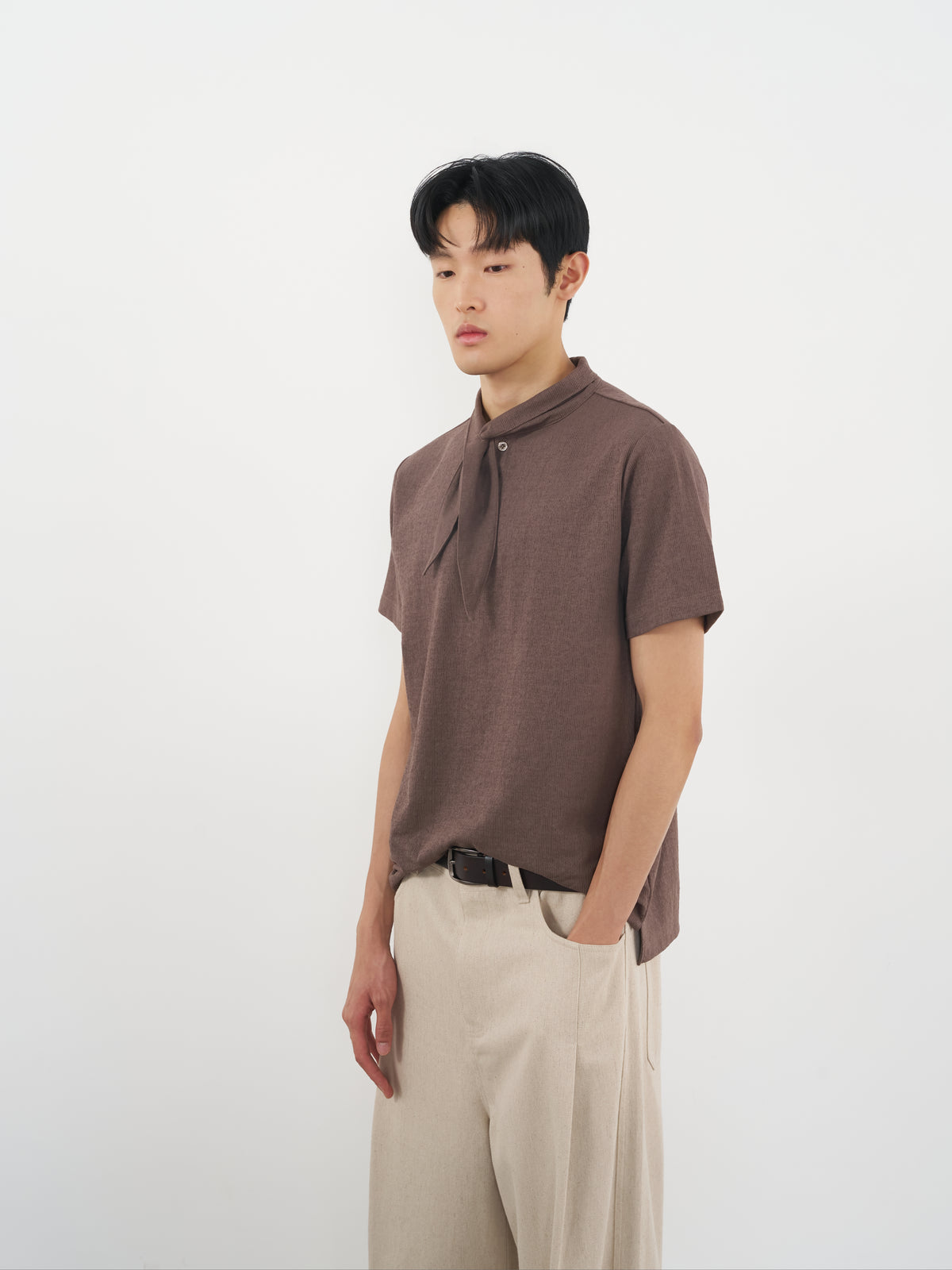 Scarf Collar Knit Top 領巾領針織上衣-Brown