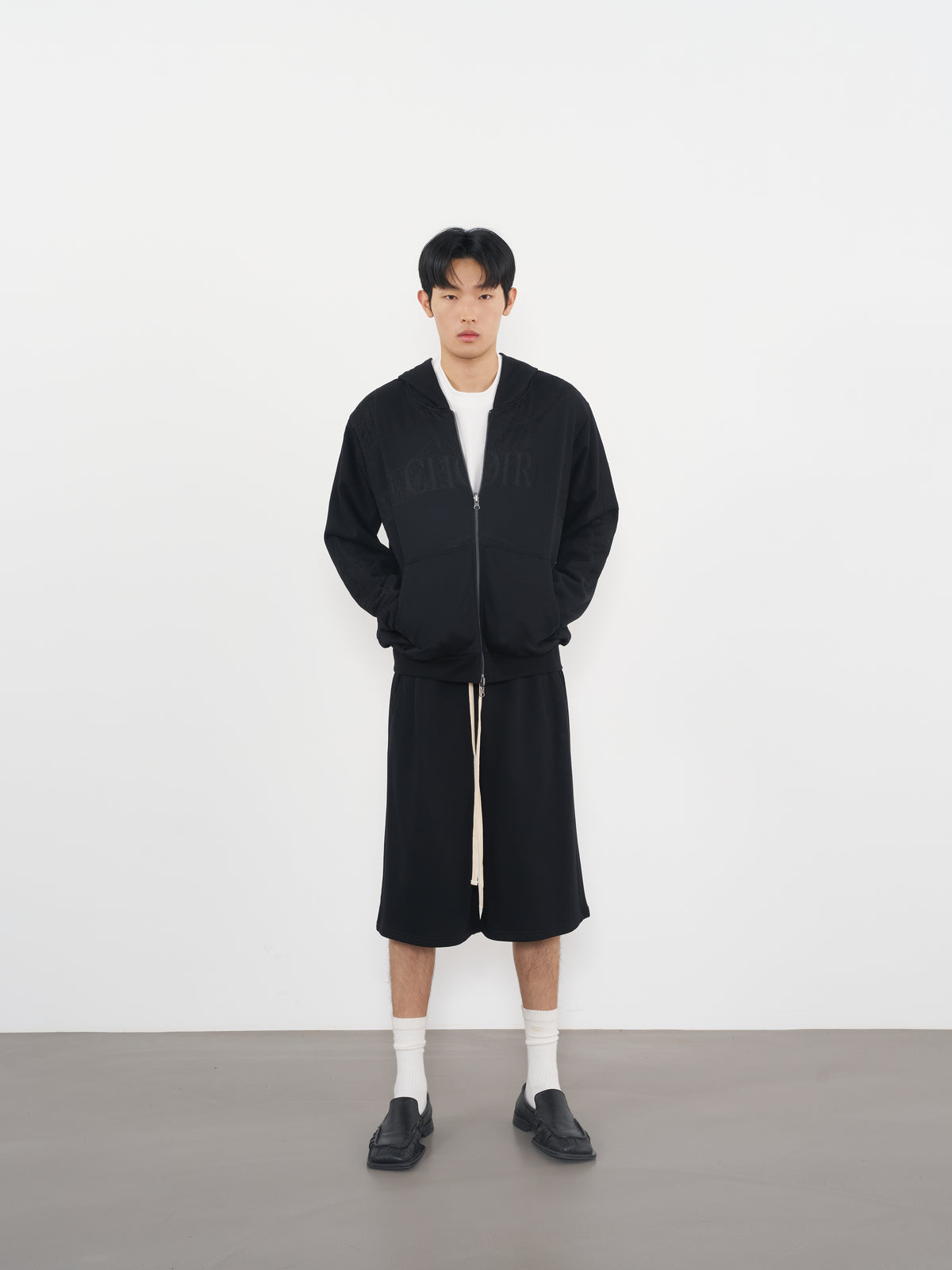 Textured Lace Hoodie 蕾絲拼接連帽外套-Black
