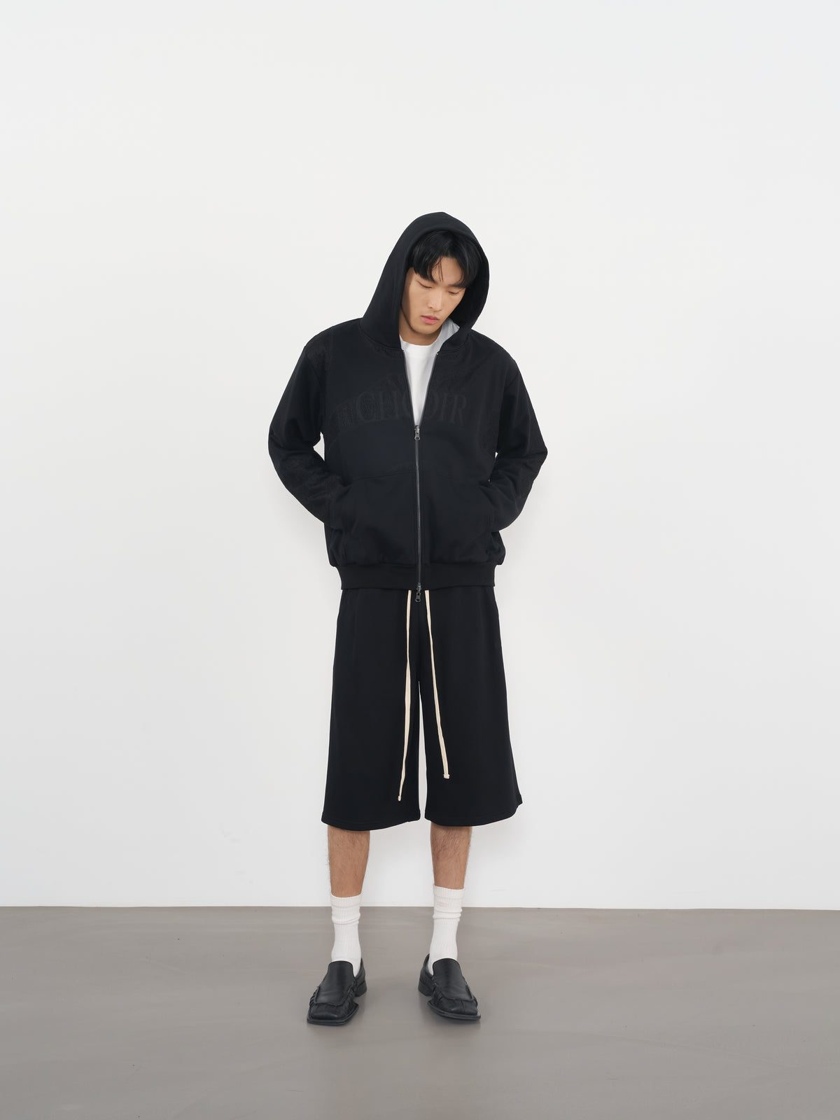 Textured Lace Hoodie 蕾絲拼接連帽外套-Black