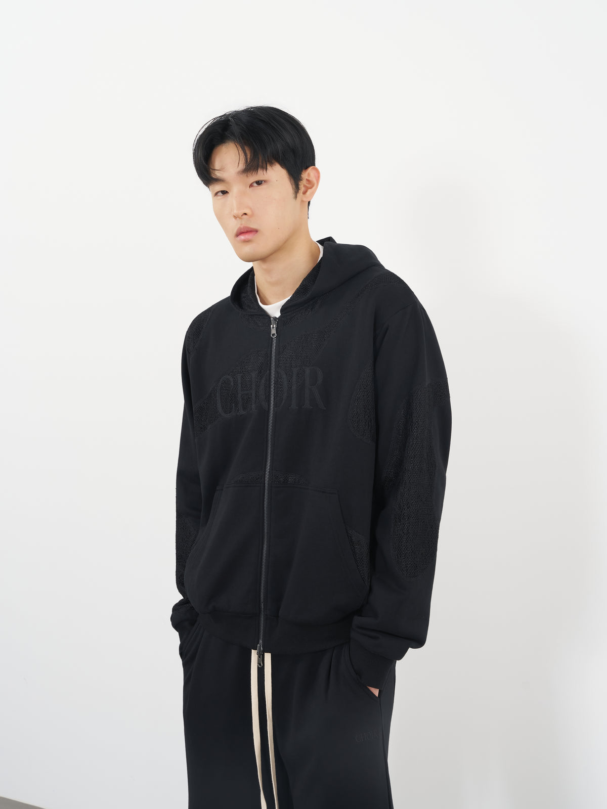 Textured Lace Hoodie 蕾絲拼接連帽外套-Black